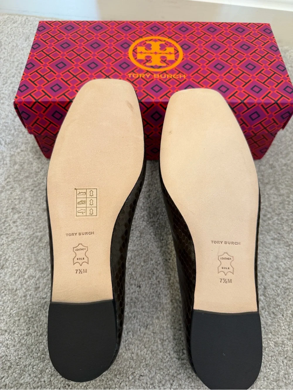 Tory Burch Dark Brown Textured Logo Ballet Flats